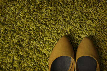 Pair of shoes on green fluffy carpetの写真素材
