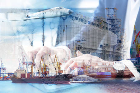 Double exposure of businessman with laptop and seaport. Wholesale and logistic conceptの写真素材