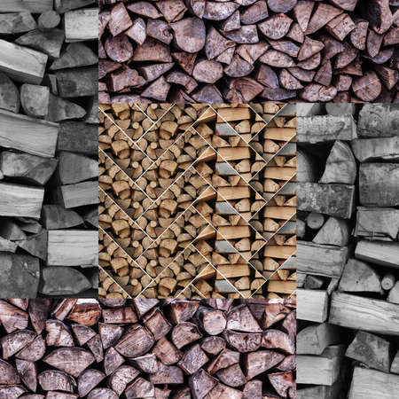 Collage of firewood with geometric patternの写真素材