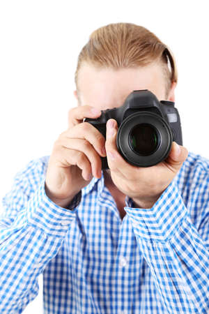 Handsome photographer with camera, isolated on whiteの写真素材