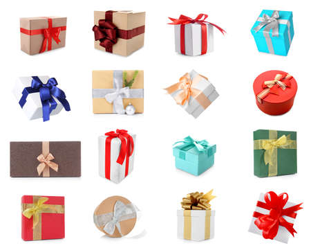 Collage of Christmas gift boxes on white backgroundの写真素材
