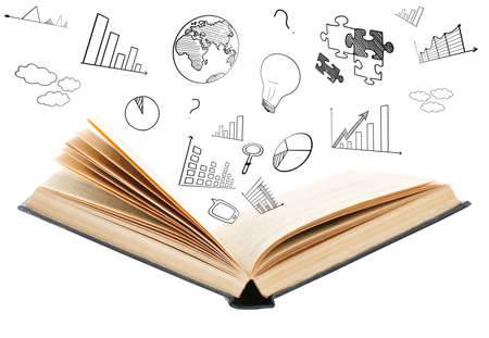 Open book and drawings on white background. School conceptの写真素材