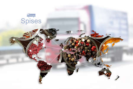 World map of different spices and truck on background. Logistic and wholesale conceptの写真素材