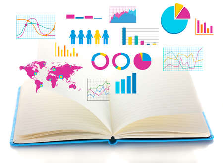 Open notebook and icons on white background. School conceptの写真素材
