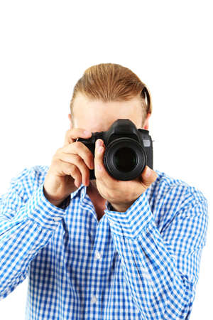 Handsome photographer with camera, isolated on whiteの写真素材