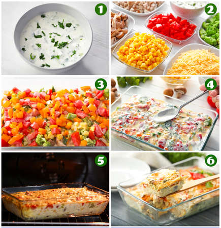 Collage with preparation process of turkey casseroleの写真素材