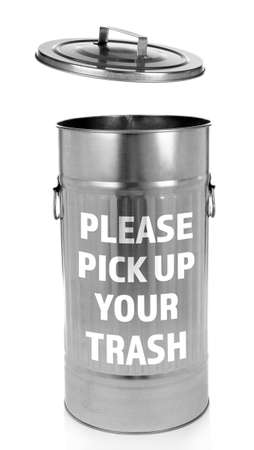 Bin with text PLEASE PICK UP YOUR TRASH on white backgroundの写真素材