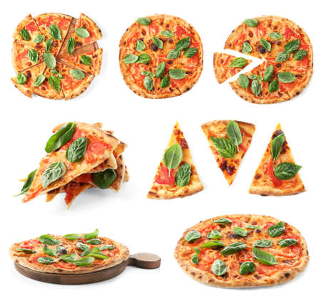 Collage of delicious pizzas with basil leaves on white backgroundの写真素材