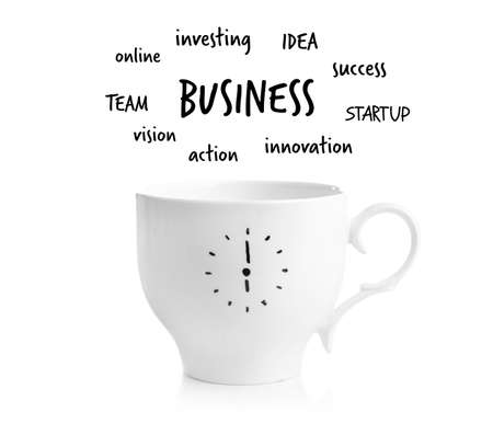 Cup and BUSINESS word cloud on white backgroundの写真素材
