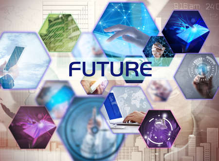 Concept of future technology. People and gadgets connected with global internet networkの写真素材