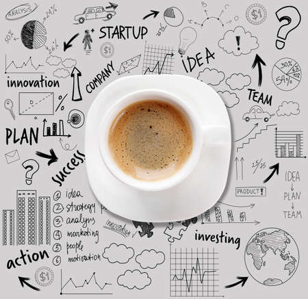 Cup of hot coffee and sketches of business ideas on light backgroundの写真素材