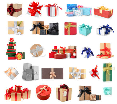 Collage of Christmas gift boxes on white backgroundの写真素材