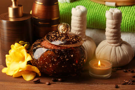 Composition of spa treatment on wooden table backgroundの写真素材