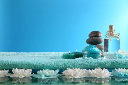 Spa still life with chrysanthemum on blue backgroundの写真素材