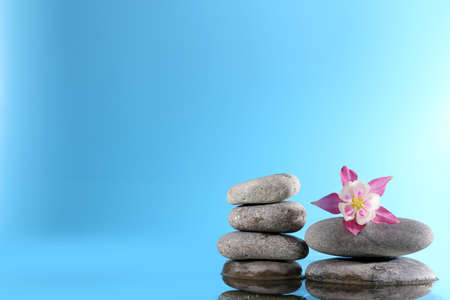 Stack of spa stones with flowers on blue backgroundの写真素材