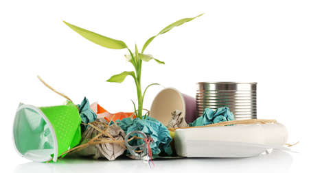 Pile of rubbish with plant isolated on whiteの写真素材