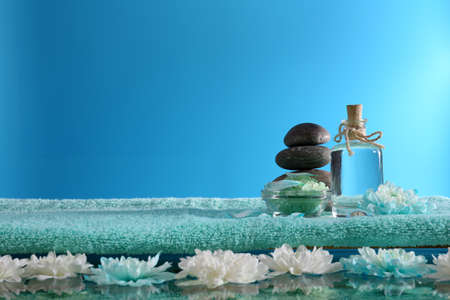 Spa still life with chrysanthemum on blue backgroundの写真素材