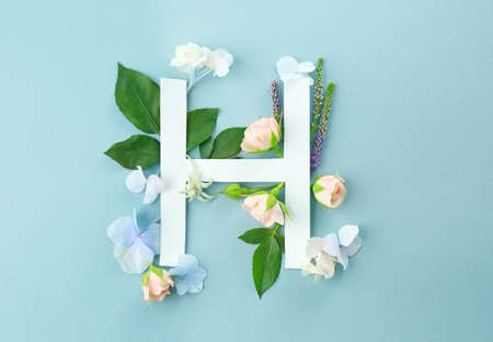 Composition with letter H and beautiful flowers on color background Composition with letter H and beautiful flowers on color background