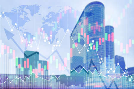 Multiple exposure of stock market data with world map and cityscape. Forex concept Multiple exposure of stock market data with world map and cityscape. Forex concept