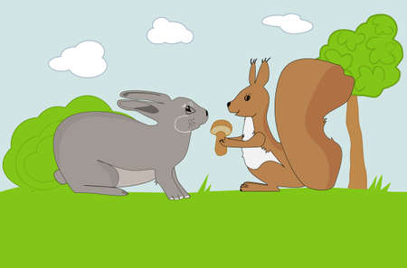 Squirrel and Rabbit at the meadowのイラスト素材