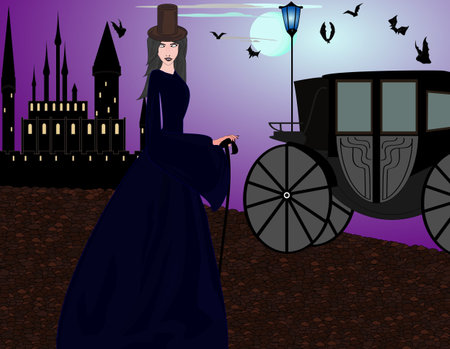 Beautiful vampire woman near the castle at the evening streetのイラスト素材
