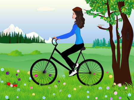 Beautiful girl on a bike at the spring meadowのイラスト素材