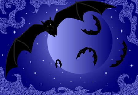 Cute flying bats on the night full moon backgroundのイラスト素材