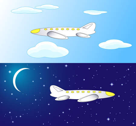 Two airplanes  one of them is flying in the daytime; the second is flying by the nightのイラスト素材