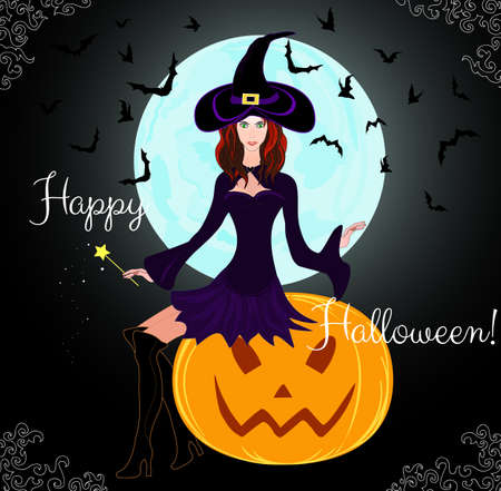 Beautiful Halloween card with young witch sitting on a pumpkin  Happy Halloween  のイラスト素材