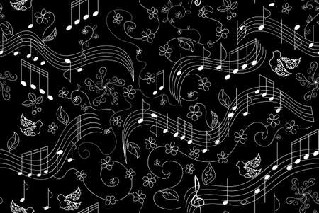 Beautiful seamless pattern with notes, birds and spring flowersのイラスト素材