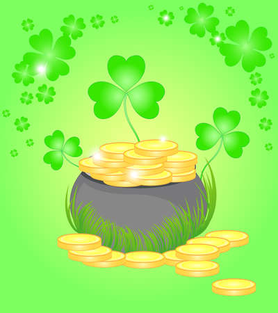 Beautiful illustration with the pot of golden coins and cloverのイラスト素材