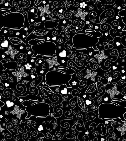 Beautiful black and white vector seamless pattern with rabbits and flowers  You can use any color of backgroundのイラスト素材