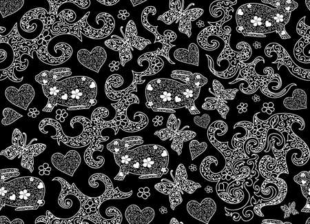 Beautiful vector seamless pattern with butterflies and bunnies  You can use any color of backgroundのイラスト素材