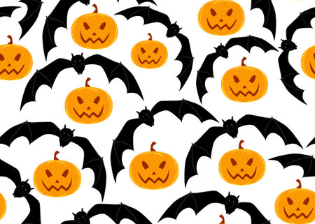 Halloween vector seamless pattern with flying bats and pumpkinsのイラスト素材