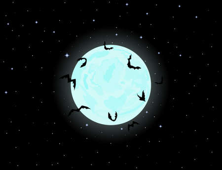 Beautiful Halloween vector background with starry sky, full moon and flying batsのイラスト素材
