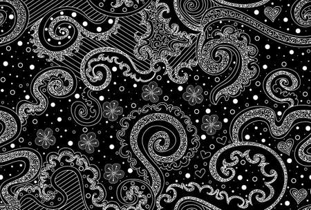 Magic abstract vector seamless pattern with doodles, curling lines, hearts and figured flowers. Endless textureのイラスト素材