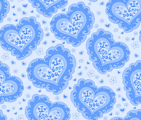 Beautiful abstract vector seamless pattern with blue hearts with words of love. Endless texture. You can use any color of backgroundのイラスト素材