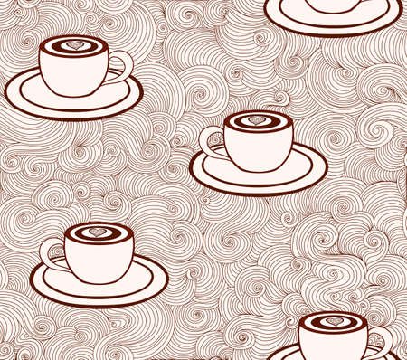 Vector endless texture with coffee cups and figured lines. You can use it for coffee shop or cafe designのイラスト素材