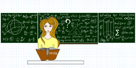 Vector education illustration with a beautiful girl sitting at desk in classroom near the blackboard with formulas, figures and calculations. Educational designのイラスト素材