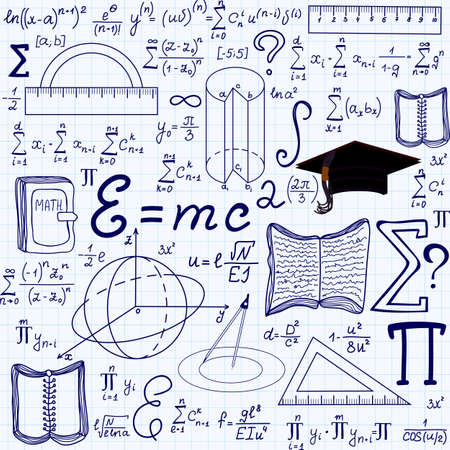 Mathematical educational vector seamless pattern with geometrical figures, plots and equations, \"handwritten on the grid copybook paper\". Endless math textureのイラスト素材