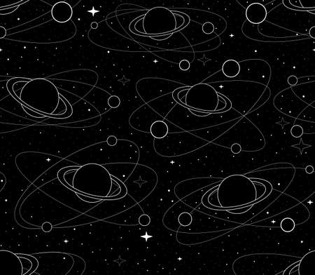 Space vector seamless pattern with planets and satellites, stars and constellations. Endless texture. You can use any color of backgroundのイラスト素材