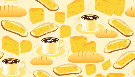 Vector seamless pattern with coffee cups bread butter cheese and sandwiches. Endless food textureのイラスト素材