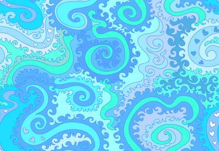 Decorative vector seamless pattern with abstract shapes and blue aquamarine curling lines. Endless textureのイラスト素材