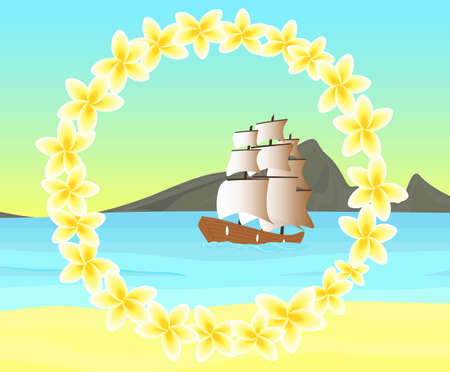 Vector seascape with ship in the sea, at the coast of tropical island with floral frame of frangipani flowersのイラスト素材