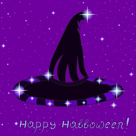 Vector Halloween background with witch hat, starry sky and text Happy Halloween!