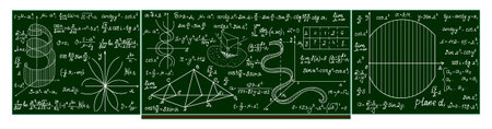 Vector school blackboard with handwritten mathematical calculations, plots, formulasのイラスト素材