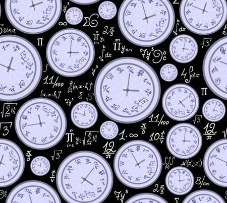Math vector endless texture with mathematical clocks, formulas and equationsのイラスト素材