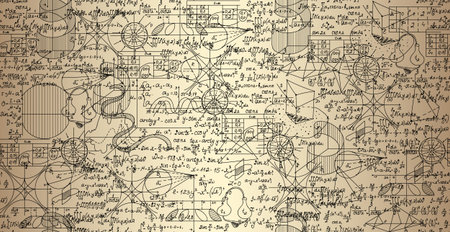Mathematical vector seamless pattern with plots and formulas shuffled together, handwritten on the...