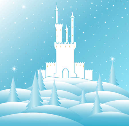 Merry Christmas vector illustration with snow queen's castle in frozen winter forestのイラスト素材
