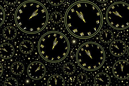 Happy New Year vector seamless pattern with golden clock showing five minutes to midnight